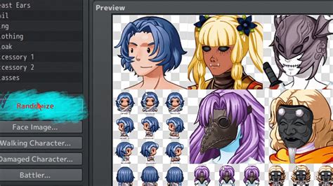 Rpg maker mz character generator parts. Feb 9, 2016 · New: Possibility to import RPG Maker MZ resources, like MV (including the gradient files) New: Possibility to import a RPG Maker MZ Character JSON File; Addition: Categories can be moved up and down in the database window; Addition: When clicking "New category" or "New part", the textbox becomes automatically selected; 0.61 (2020, August, 17th) 