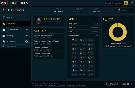 RuneMetrics is an in-game and website based analytics tool that was released on 22 February 2016. It was announced it will be replacing the Adventurer's Log in the near future. This eventually happened on 11 May 2016. All players are able to access an experience tracker and drop log, as well as basic website functions, in addition to the old XP tracker. There is also the option to subscribe to ... 