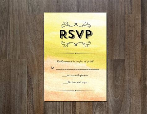 Rsvp card examples. Instead of the M, you might see the word NAME instead. “An honorific such as Ms. or Mr. is a form of address that conveys title and respect,” Grotts says. “However, the prefix M doesn’t ... 