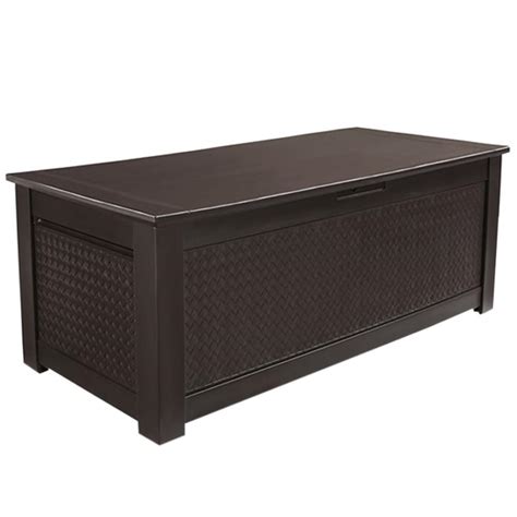 Rubbermaid deck box. Features. All-in-one-unit combines the best of an outdoor storage box with a stylish patio bench. Enough space to comfortably store your most used lawn and patio supplies, this storage bench is compact enough to place in almost any area. Provides comfortable seating for 2 adults. Durable double wall construction for stability and added strength. 