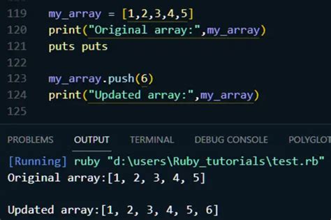 Ruby array push.  Syntax: push (Elements) Parameters: Elements : These are the elements which ar...