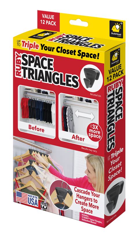 Introducing RUBY SPACE TRIANGLES, the clever new hanging device that fits over any hanger to save you closet space in seconds! Now you can vertically hang multiple items so you’ll have up to 3X more space in your closet. The secret is the ingenious slipover design that secures the hangers in a perfectly vertical position. It’s the EASIEST .... 