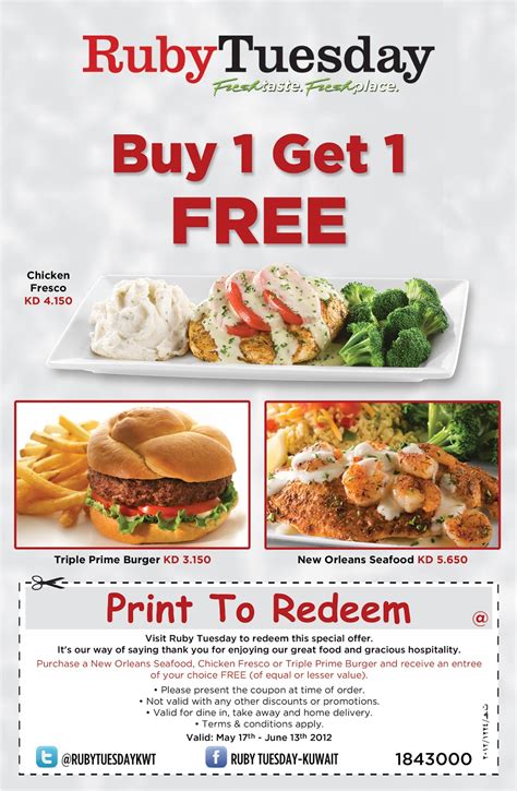 Ruby tuesday coupons buy one get one free. Ruby Tuesday So Connected Email Coupon. Get a coupon for $5 off when you join the Ruby Tuesday So Connected Email Club. Join the club and get your $5 off coupon, plus a coupon for a free gift on your birthday. To join or get more details visit: Ruby Tuesday So Connected. More Ruby Tuesday Coupons and Promotional Codes 