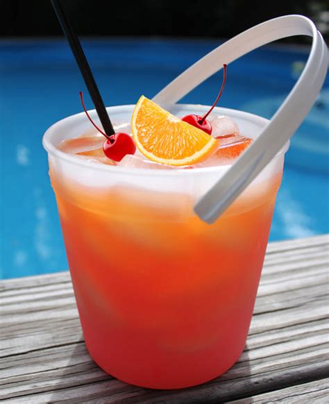 Rum bucket. Instructions: Measure ingredients either into a favorite cocktail shaker or a large pitcher. Stir and add the desired amount of ice. Garnish with a pineapple slice on the rim, orange slices, a slice of lime, a fun paper straw, or a fun wood stir stick. 