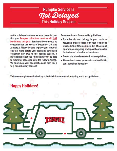 Rumpke lima ohio holiday schedule. Garbage and recycling service is a contracted service between the Village of Yellow Springs and Rumpke. Each home is provided with a recycling tote to place items for recycling. For information on what can and cannot be recycled, ... Programming Schedule; Water Treatment; Village Meetings; Comprehensive Land Use Plan 2020; Public Arts … 