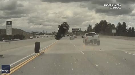 Runaway tire launches car into midair spin on 118 Freeway in Los Angeles: Video
