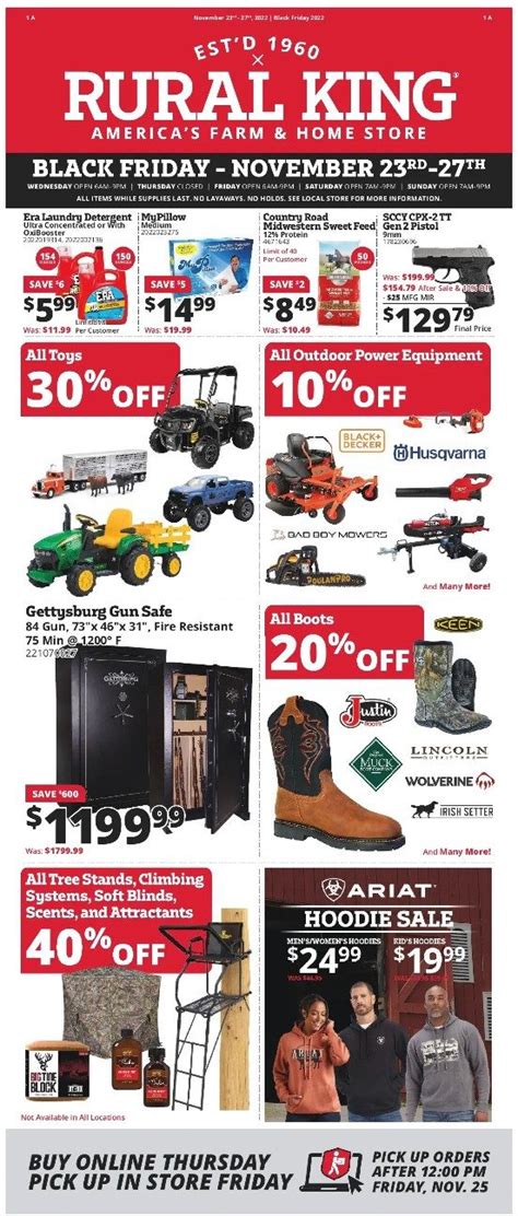 Rural king black friday. Menards Weekly Ad Oct 12 – Oct 22, 2023 (Halloween Promotion Included) Browse the newest Menards weekly ad, valid from Oct 12 – Oct 22, 2023. Save with the online circular regularly for exclusive promotions that add more discounts to in-store deals. Grab blazing deals on great items and save down every aisle this week on FOREVER GREEN ... 