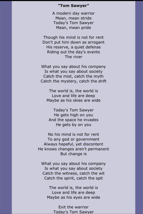 Rush tom sawyer lyrics. Things To Know About Rush tom sawyer lyrics. 