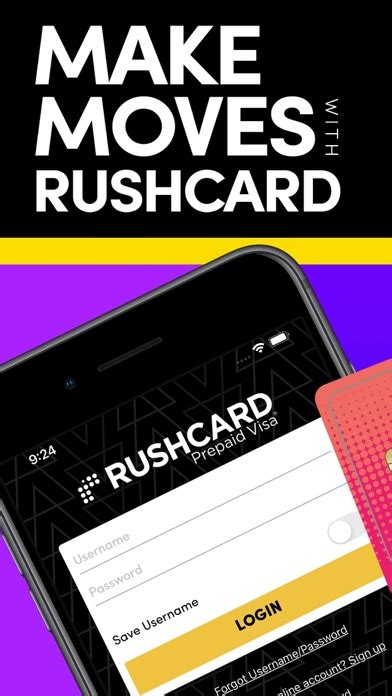Rushcard app. Once you download the app, click on “Login with Password” and enter your account Username and Password. However, If you have already set up fingerprint access for your mobile app, you can click on “Login to your RushCard account using fingerprint” as shown below. 