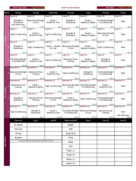 Rushfit intermediate Training Calendar Weeks 18