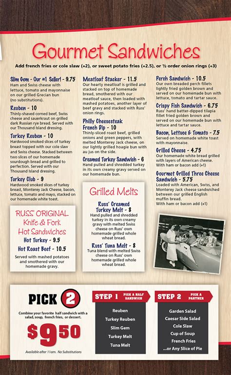 Browse the full Russ' Restaurant menu, order online, and get your food, fast. ... , MI. Find a location near you. Search Nearby. Search for "food near me" Enter your address to browse the Russ' Restaurant menu online, find a Russ' Restaurant near you and choose what to eat. Grubhub. Chains ... Russ' Restaurant prices vary by locations in .... 