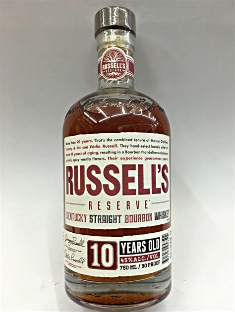Russell reserve 10 year. Description. This 6-year-old rye represents the Russells’ take on the perfect small batch rye whiskey. Older than most other rye whiskies, Russell’s Reserve 6 Year Old is crafted from hand-selected barrels from the center cut of the rickhouse, bottled at 90 proof. 