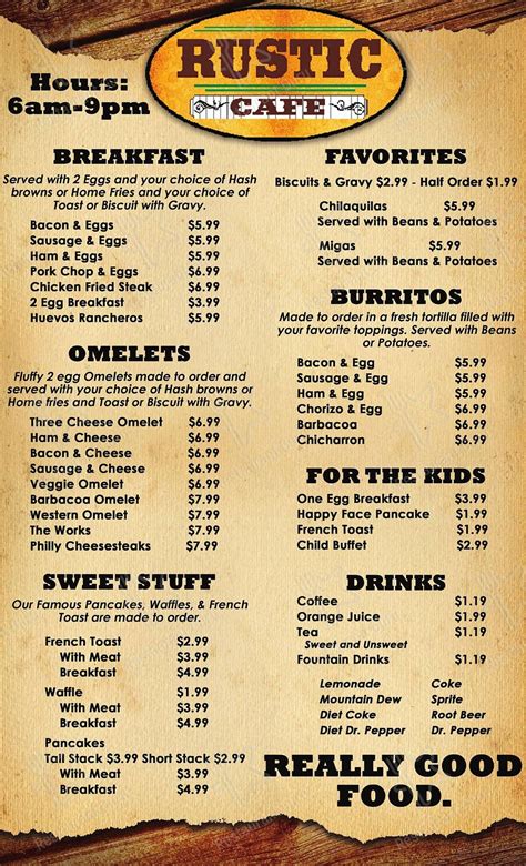 Rustic cafe menu alamogordo. Specialties: Finding great eats should be easy. That's why at Rustic Cafe we make it convenient to enjoy a home-style meal whether you're a local or just passing through town. Rustic Cafe's menu is full of hearty dishes and generous portions, from our breakfast platters to our chicken fried steak. Some of our other fan favorite include pizzas, on our hand stretched dough, and our sweet cream ... 