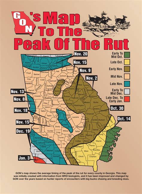 Rut map ga. The primary rut behaviors predicted in this calendar are “seeking,” “chasing” and “tending.”. Feeding is a buck’s primary pre-rut activity. To take advantage of this, place stands near deer travel routes and feeding areas. The top chart … 