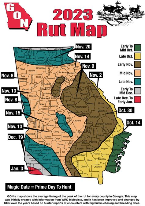 Rut map georgia 2023. We heard from onX Hunt’s own Jared Larsen that he bagged his big buck on November 3, 2021. Naturally, we weren’t surprised. onX Hunt’s Jared Larsen with his whitetail buck taken on November 3, 2021. For 2022 the signs are pointing to a more classic, intensified rut, where the bulk of does will be bred in a shorter window than in most ... 