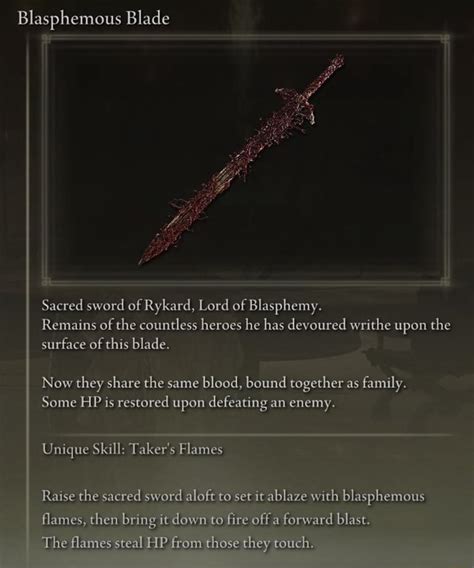 Rykard sword. Jul 30, 2022 · Like all major bosses in Elden Ring, Rykard drops a Remembrance that can be used one of two ways.Players can either consume the Remembrance of the Blasphemous for 50,000 Runes, or trade it with ... 
