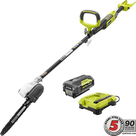 Ryobi 10 in. 40-volt lithium-ion cordless battery pole saw. This pole saw features an automatic bar and chain oiler, for convenient operation and maintenance. This tool is compatible with all 40-Volt batteries. The RYOBI 40-Volt Pole … 