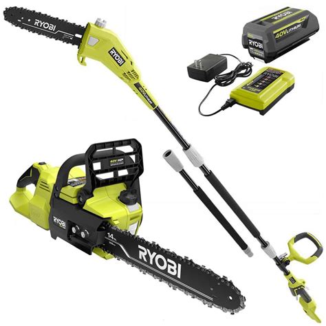 Ryobi 14 40v chainsaw. 14 in. 40-Volt Brushless Cordless Chainsaw). It works great. I was able to go through 5 inch oak branches like butter. Battery life is pretty good considering, about 1 hour. But I have a Ryobi 40V weed eater that has the same battery so I got about 2 hours of work from it. Power was great. 1. 