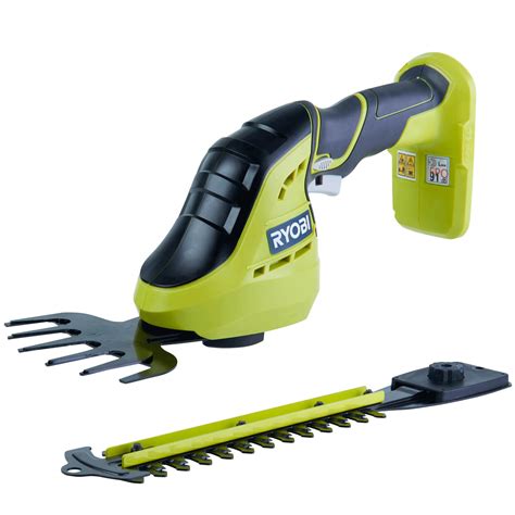 Ryobi cordless grass shears. Lightweight 18V unit perfect for maintaining and shaping bushes and shrubs. Includes Grass Shearer attachment for added versatility. Tool free accessory swap, change between hedge trimmer and grass shear attachments in seconds. Expand your One+ collection with the Ryobi Compact Hedger and Shearer. Designed to help you maintain your bushes ... 