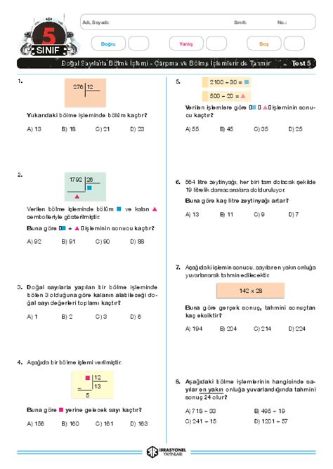 Sınıf Çarpma Bölme İşlemi Uygulamaları Yaprak Test 2 İNDİR.