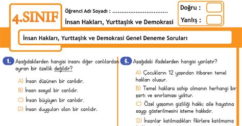 Sınıf İnsan Hakları, Yurttaşlık ve Demokrasi Kazanım Testleri sitemize eklenmiştir.