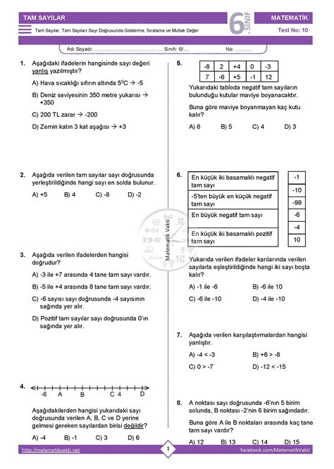 Sınıf Matematik Tam Sayılar Testi Çöz.