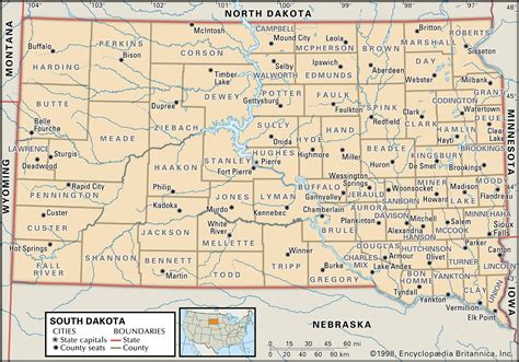 South Dakota State Map. General Map of South Dakota, United States. The detailed map shows the US state of South Dakota with boundaries, the location of the state capital Pierre, major cities and populated places, ….