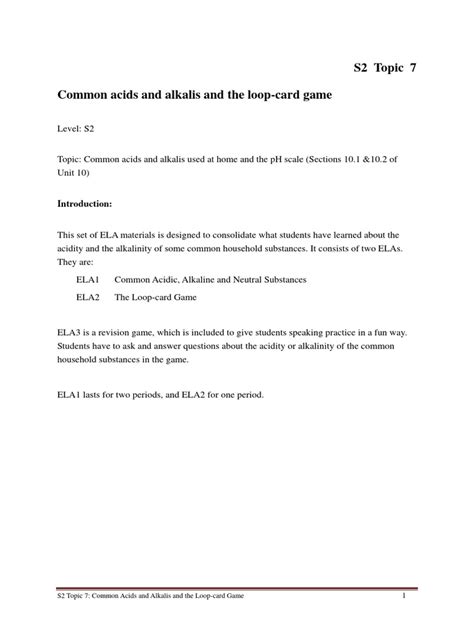 S2 Topic 7 Common acids and alkalis and the loop-card game