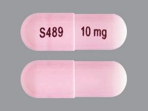 S489 10 mg pink pill. • Capsules 10 mg: pink body/pink cap (imprinted with S489 and 10 mg) • Capsules 20 mg: ivory body/ivory cap (imprinted with S489 and 20 mg) • Capsules 30 mg: white body/orange cap (imprinted with S489 and 30 mg) • Capsules 40 mg: white body/blue green cap (imprinted with S489 and 40 mg) 
