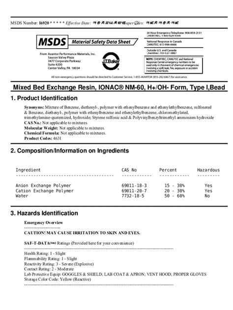 SAFETY DATA SHEET HYDROFILL Mixed Bed Resin - caleffi.com