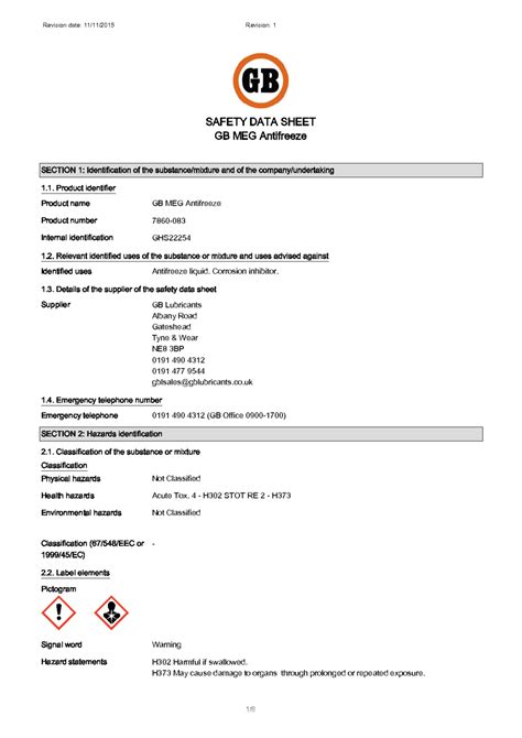 SAFETY DATA SHEET MEG Antifreeze - Morris Lubricants