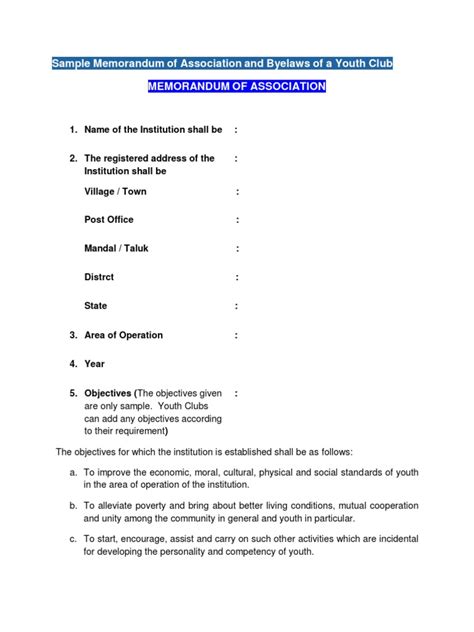 Sample Memorandum of Association and Byelaws of a Youth Club - balustradellc
