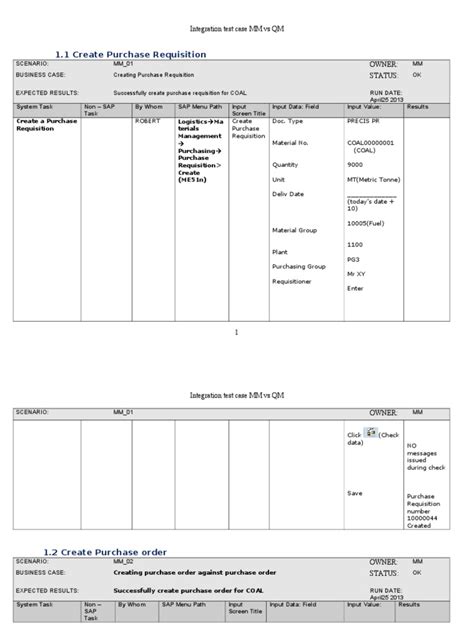 SAP Integration Test Sample Template MM QM Business Computing