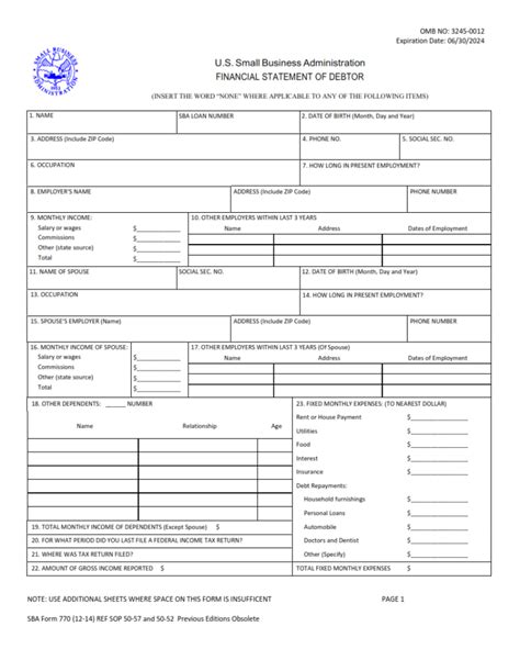 SBA Form 770 Financial Statement of Debtor Origin Form Studio