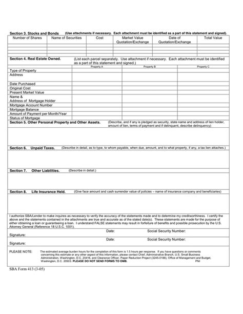 SBA Personal Financial Statement in Word and Pdf formats page 2 of 2