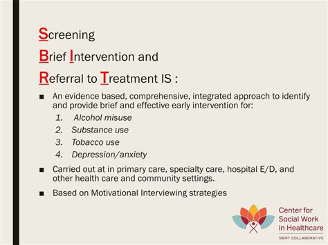 SBIRT: Screening, Brief Intervention & Referral to Treatment