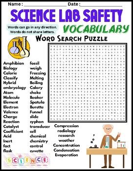 SCIENCE LAB SAFETY VOCABULARY Word Search Puzzle Worksheet