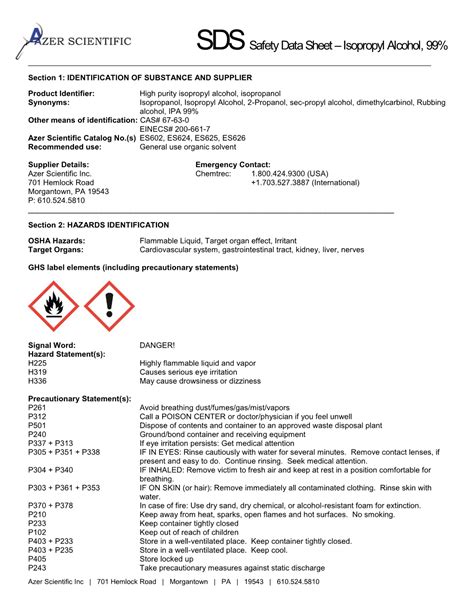 SDS Safety Data Sheet Isopropyl Alcohol, 99 ______ DocsLib