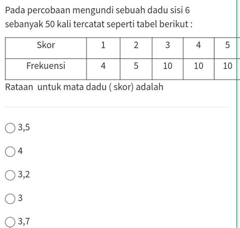 Sebuah dadu di lempar sebanyak 50 kali. Frekuensi ... - Roboguru - wintechmobiles.com