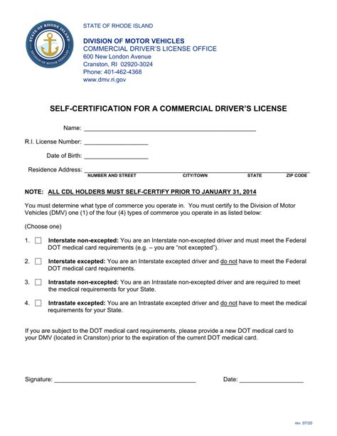 SELF-CERTIFICATION FOR A COMMERCIAL DRIVER’S LICENSE