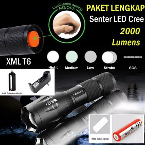 Senter Lampu Flashlight Led Cree Xm-l T6 2000 Lumens Black - balustradellc