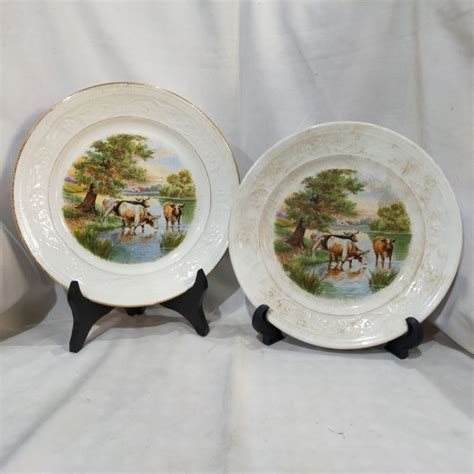 sepasang piring hias keramik antik eropa motif gambar sapi - balustradellc