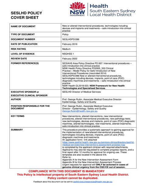 SESLHD PROCEDURE COVER SHEET - seslhd.health.nsw.gov.au