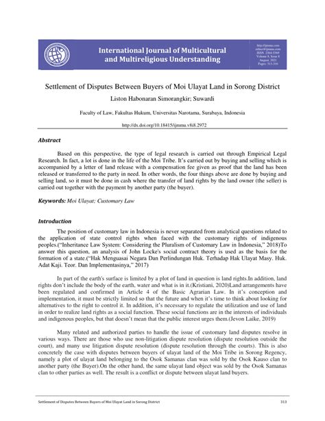 Settlement of Disputes Between Buyers of Moi Ulayat Land in Sorong ... - balustradellc