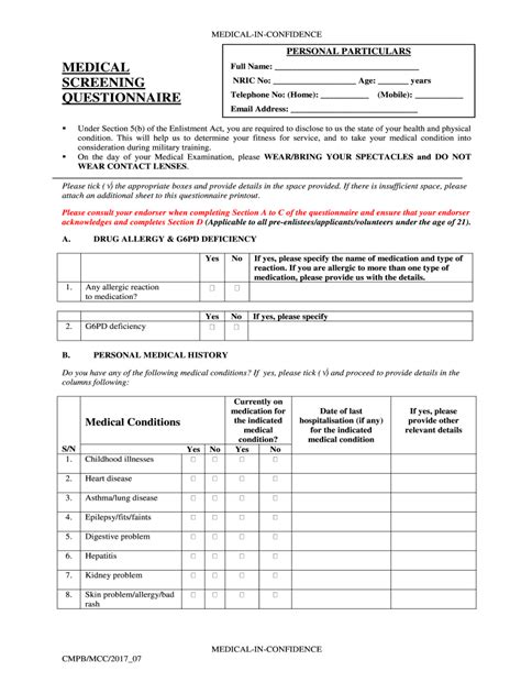SG CMPB Medical Screening Questionnaire 20172021 Fill and Sign