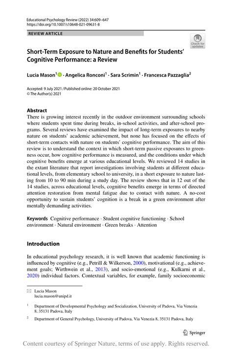 Short-Term Exposure to Nature and Benefits for Students ... - Springer - raincitystudios.com