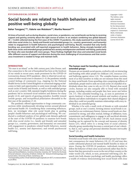 Social bonds are related to health behaviors and positive ... - Science - balustradellc