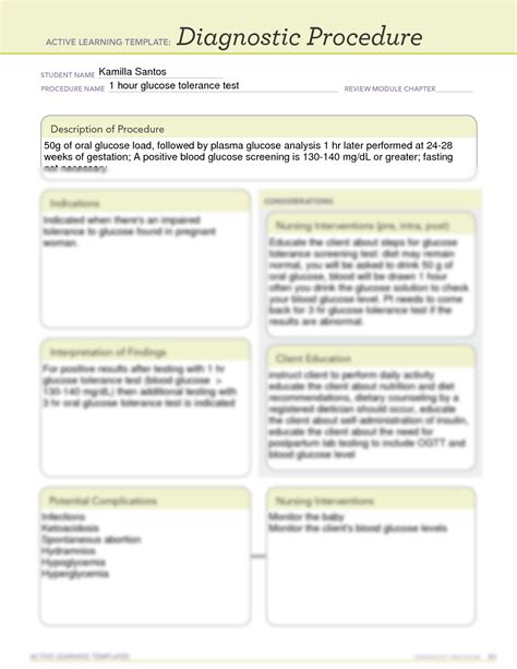 SOLUTION 1 Hour Glucose Tolerance Test Diagnostic Procedure Worksheet