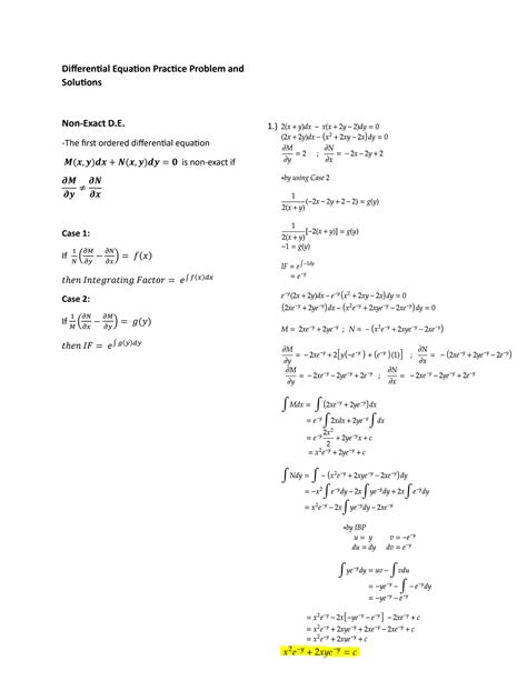 SOLUTION Differential equations practice problems non exact