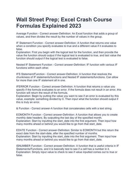 SOLUTION Wall street prep excel crash course formulas explained